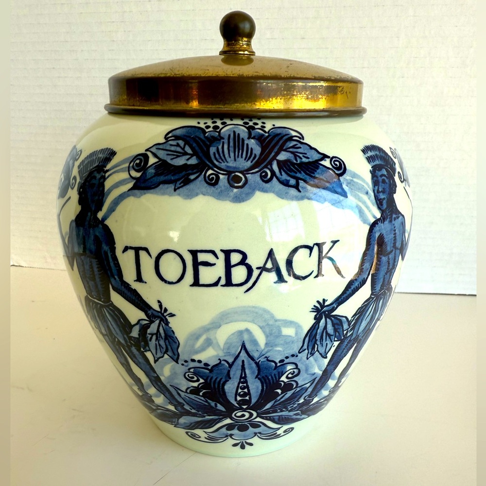 Delft Blue Ceramic Tobacco "Toeback" Jar with Brass Lid by Royal Goedewaagen